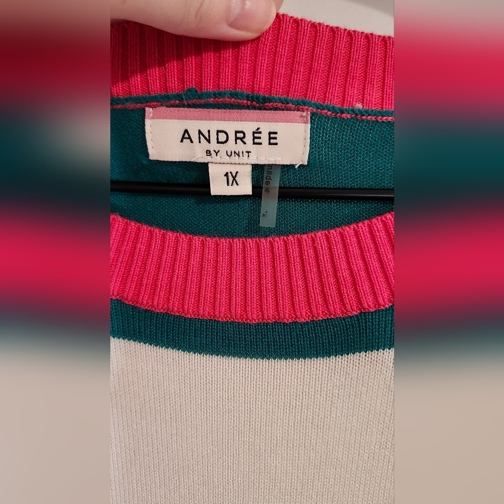 Andree By Unit Womens Teal Pink Striped‎ Sweater Size 1X Coastal Prep Nautical - Picture 4 of 8